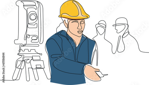 Close up of Caucasian worker with helmet on head using tablet for work while standing in warehouse. Surveyor with a tripod icon. Geodesic tripod. Vector illustration