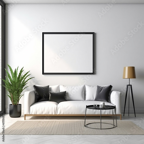 living room. A white picture frame hangs above a white leather sofa in a contemporary living room with minimalist design. Generative AI
