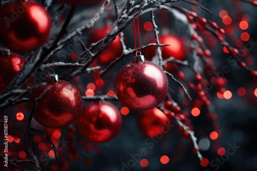 Red Christmas decorations with red Christmas toys on a branch of a tree. the space bar Generative AI