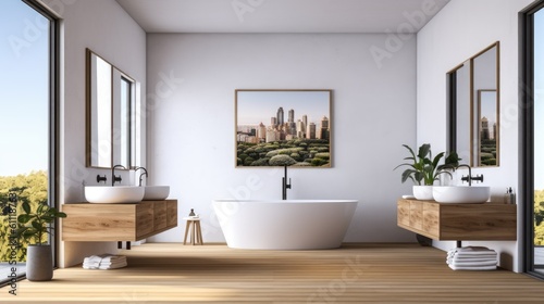 Bathroom interior in white and wood with a hardwood floor, a big window, two sinks, and a white bathtub. a vertically framed poster that is mounted on the wall. a mockup Generative AI