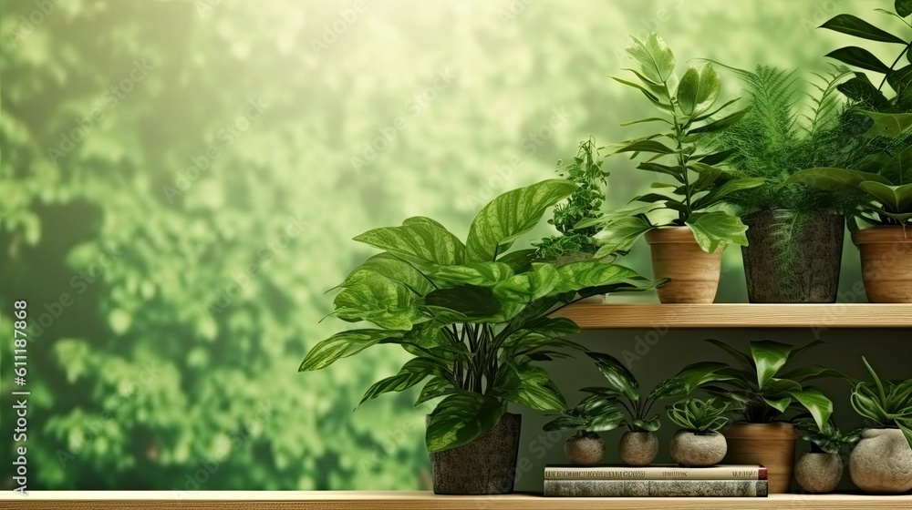 Background of a blank wooden shelf with hazy green foliage Generative AI