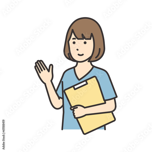 カルテを持って案内する看護師の女性のイラスト