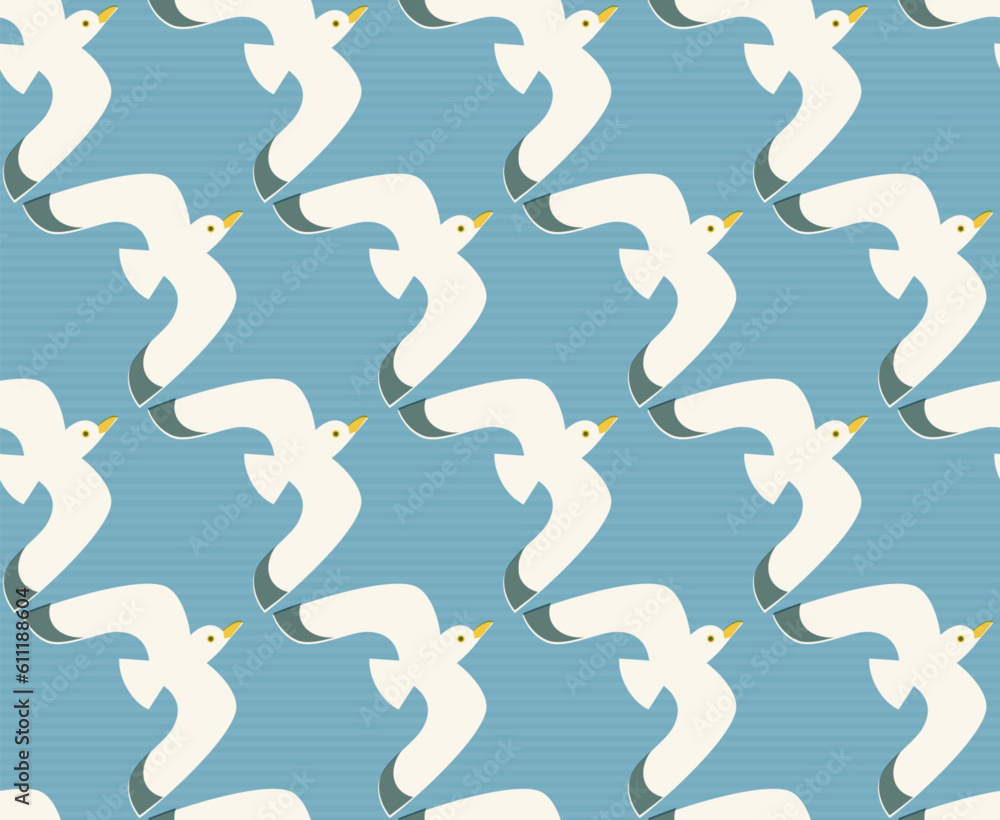 Seamless pattern with flying gulls. Flat and whimsical illustration of flying seagulls in line on subtle striped blue background. Seamless pattern with flying gulls. Flat and whimsical illustration of flying seagulls in line on subtle striped blue background.