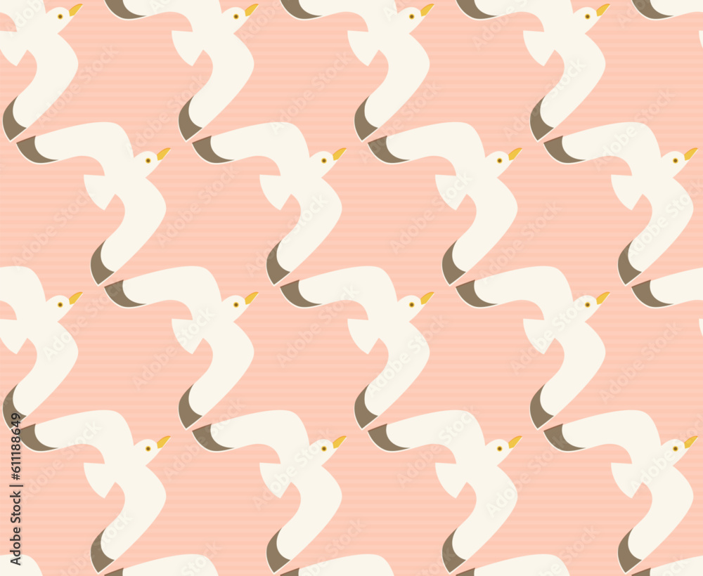 Seamless pattern with flying gulls. Flat and whimsical illustration of flying seagulls in line on subtle striped pink background.