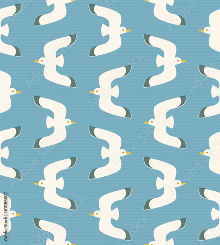 Seamless pattern with flying gulls. Flat and whimsical illustration of flying seagulls on subtle striped blue background.