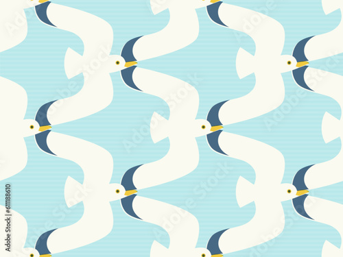 Seamless pattern with flying gulls. Flat and whimsical illustration of flying seagulls on subtle striped light blue background.