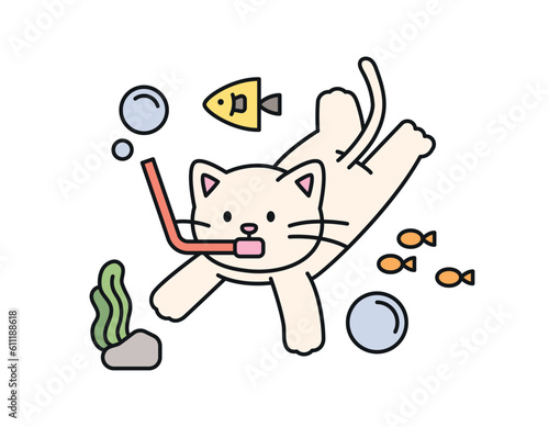 Cute cat. A white cat is swimming in the sea with snorkeling equipment.