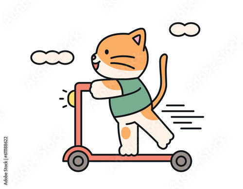 Cute cat. A cat is riding a scooter excitedly.