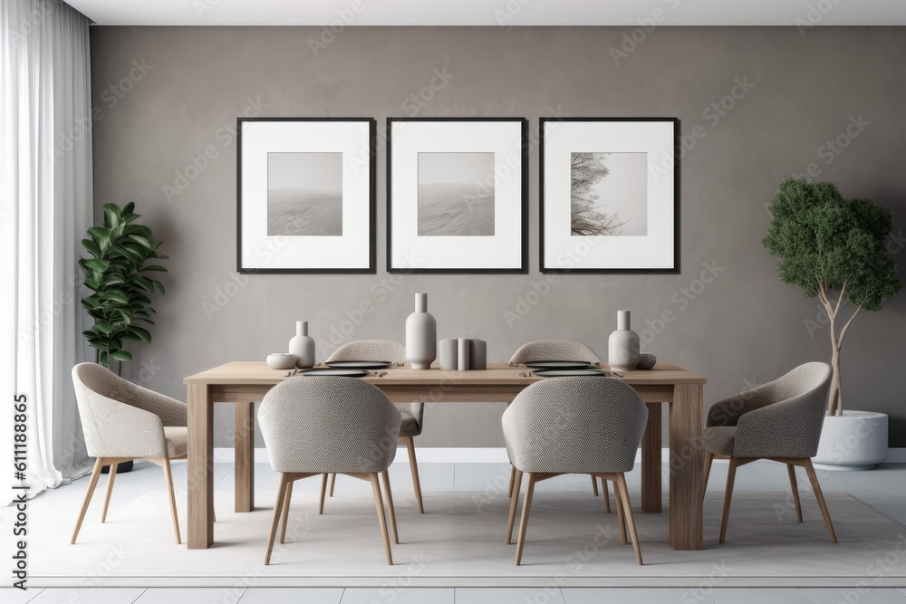 Grey dining room interior with table, chairs, and two empty, white-framed mockup posters on the wall. minimalist design principle. creative thought a mockup Generative AI