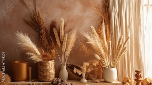 composition of dried plants and flowers in a domestic setting. cozy Scandinavian style. a simple living room with a dry decorative plant on the wall. a garland made of pampas grass and Generative AI