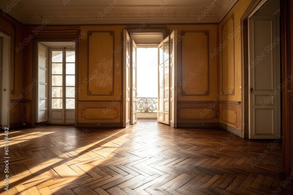 Fototapeta premium Unoccupied space with a balcony door and a hardwood parquet floor design Generative AI
