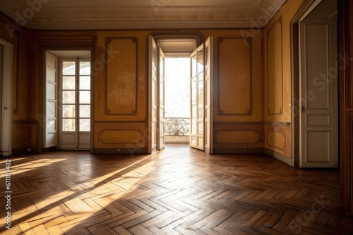 Unoccupied space with a balcony door and a hardwood parquet floor design Generative AI