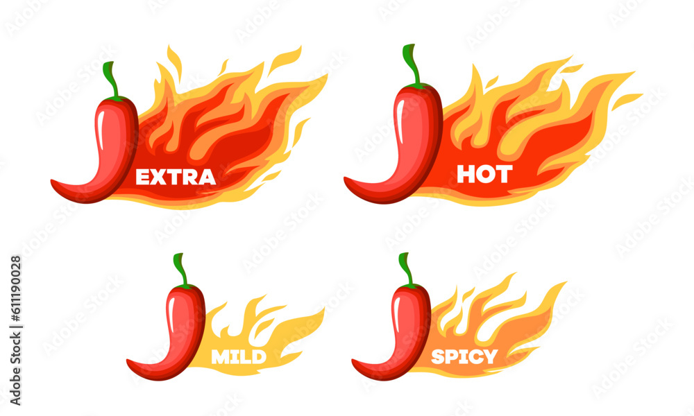 Hot spicy level labels, vector icons chili pepper, cayenne or jalapeno with red, yellow, orange and green fire flames. Extra, spicy, hot and mild strength of sauce or snack, savory food scale emblems - obrazy, fototapety, plakaty 