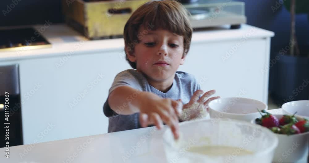Baking, taste mix and father with child in kitchen learning cooking skills, child development and helping. Home, family and dad with son with flour for cake, baked food and ingredients for breakfast Baking, taste mix and father with child in kitchen learning cooking skills, child development and helping. Home, family and dad with son with flour for cake, baked food and ingredients for breakfast