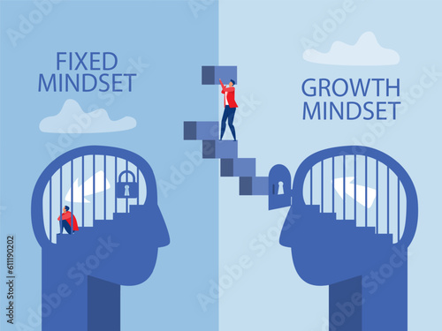 businessman building stairs  new successful life. Think growth mindset different fixed mindset concept, illustrator.