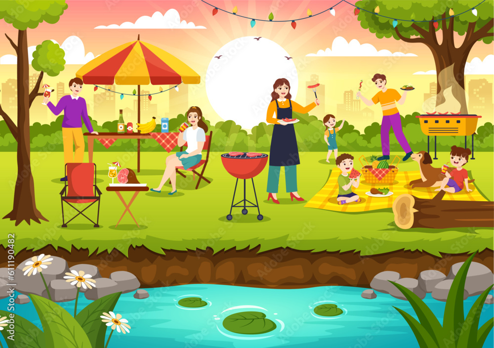 Fototapeta premium Barbecue and Grill Set Vector Illustration Kids Grilling or BBQ Party Food at Park in Festival and Summer Cooking Cartoon Hand Drawn Templates