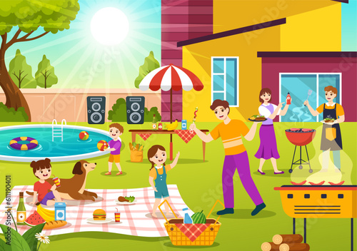 Barbecue and Grill Set Vector Illustration Kids Grilling or BBQ Party Food at Park in Festival and Summer Cooking Cartoon Hand Drawn Templates