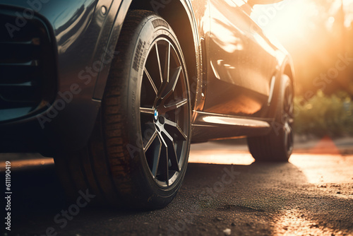 Close-up view of car tire with blurred background and lens flare. Detail of the front mask of the car at sunset. Close up of headlight detail transport. Realistic 3D Illustration. Generative AI