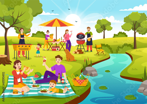 Barbecue and Grill Set Vector Illustration Kids Grilling or BBQ Party Food at Park in Festival and Summer Cooking Cartoon Hand Drawn Templates © denayune