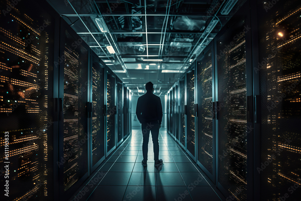 Man standing in cloud based data storage room. Web backup illustration and computer infrastructure technology. A server room data center big data storage. Realistic 3D illustration. Generative AI