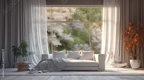 glass window looking out from the white sofa and mock-up bedroom decor. Generative AI