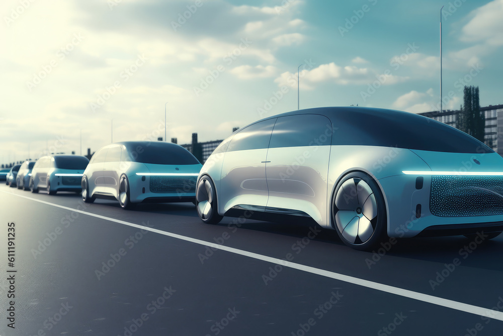 futuristic vehicles on highway with full self driving system activated for transportation autonomy concepts as wide banner with copy space area, generative AI