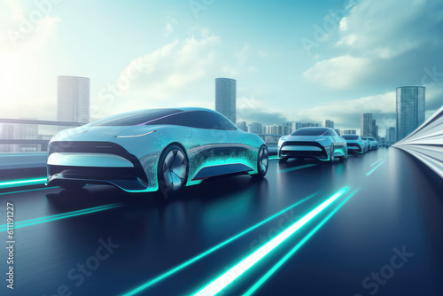 futuristic vehicles on highway with full self driving system activated for transportation autonomy concepts as wide banner with copy space area, generative AI © Kien