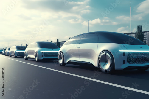 futuristic vehicles on highway with full self driving system activated for transportation autonomy concepts as wide banner with copy space area, generative AI © Kien