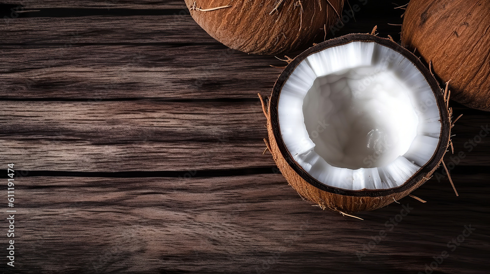 Coconut on a wooden background tropical fruits and nuts top view. Coco pieces set, on old dark wooden table background. Realistic 3D illustration. Generative AI Coconut on a wooden background tropical fruits and nuts top view. Coco pieces set, on old dark wooden table background. Realistic 3D illustration. Generative AI