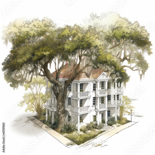 Charleston style southern house in an isometric style with live oak tree done watercolor