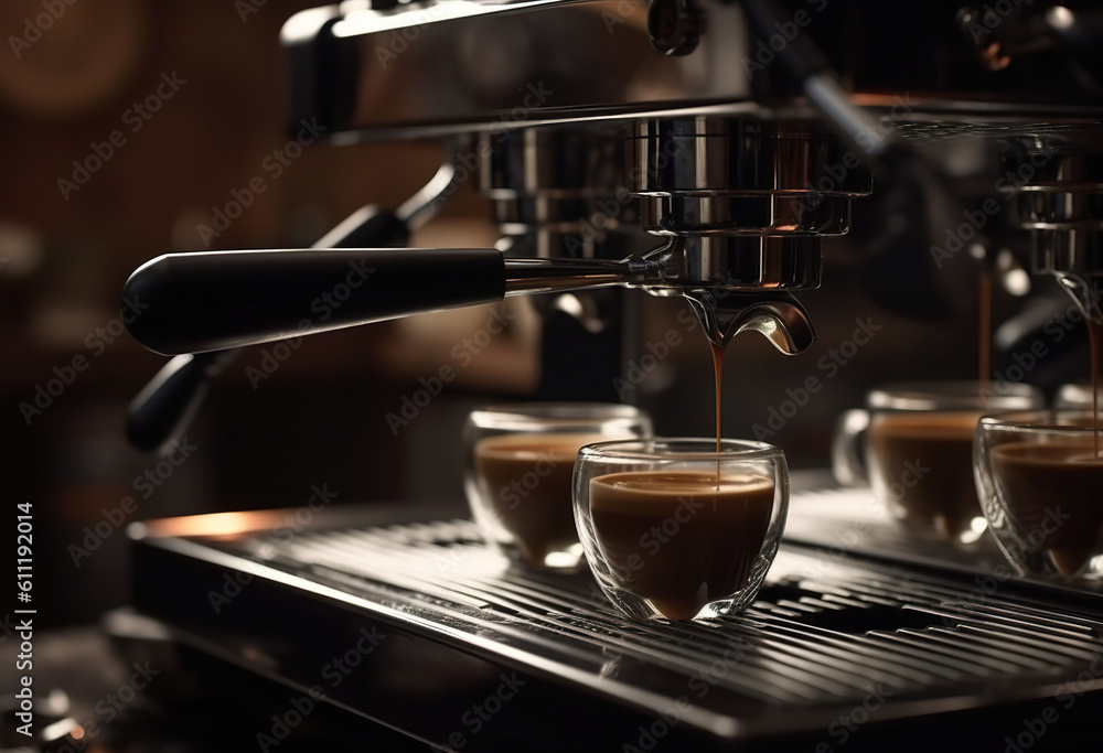 Closeup shot of modern coffee machines in the cafe. Professional espresso machine. Coffee machine making coffee in the style of warm. Realistic 3D illustration. Generative AI Closeup shot of modern coffee machines in the cafe. Professional espresso machine. Coffee machine making coffee in the style of warm. Realistic 3D illustration. Generative AI