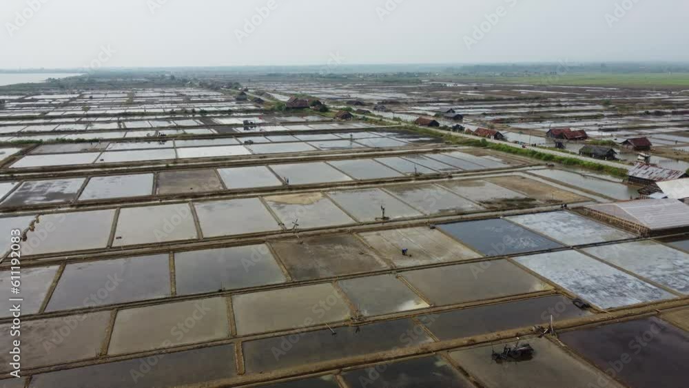 Aerial drone view of view of the vast expanse of salt ponds in Jepara, Central Java, Indonesia Aerial drone view of view of the vast expanse of salt ponds in Jepara, Central Java, Indonesia
