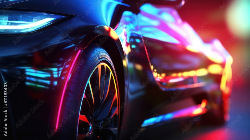 AI generated 3d image of a modern car , wheel with a glowing headlight and blurred background.