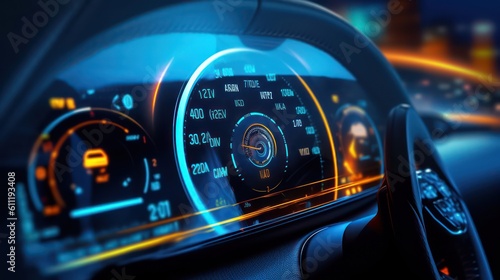 Modern car interior, steering wheel and dashboard. AI generated 3d image  © Aris Suwanmalee