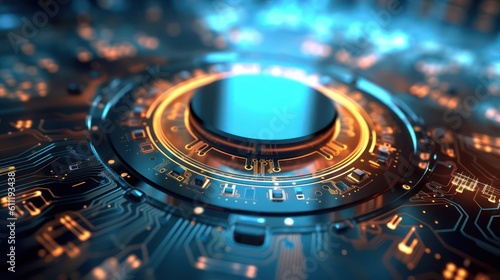 Close-up of electronic circuit board with bitcoin. Cryptocurrency financial technology concept. AI generated 3d image 