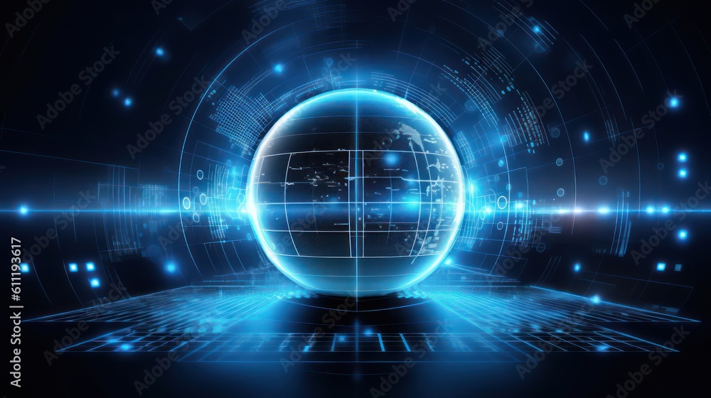 Fototapeta premium Generating AI illustration of a glowing transparent sphere with the abstract digital technology background.
