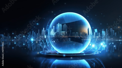 Generating AI illustration of a glowing transparent sphere with the abstract digital technology background.