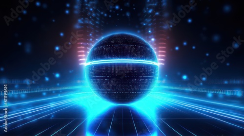 Generating AI illustration of a glowing transparent sphere with the abstract digital technology background.