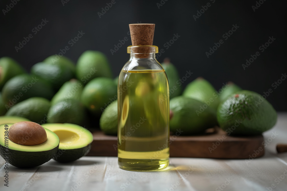 Avocado essential oil and fresh avocado fruits on the wooden table. Created with generative AI tools Avocado essential oil and fresh avocado fruits on the wooden table. Created with generative AI tools