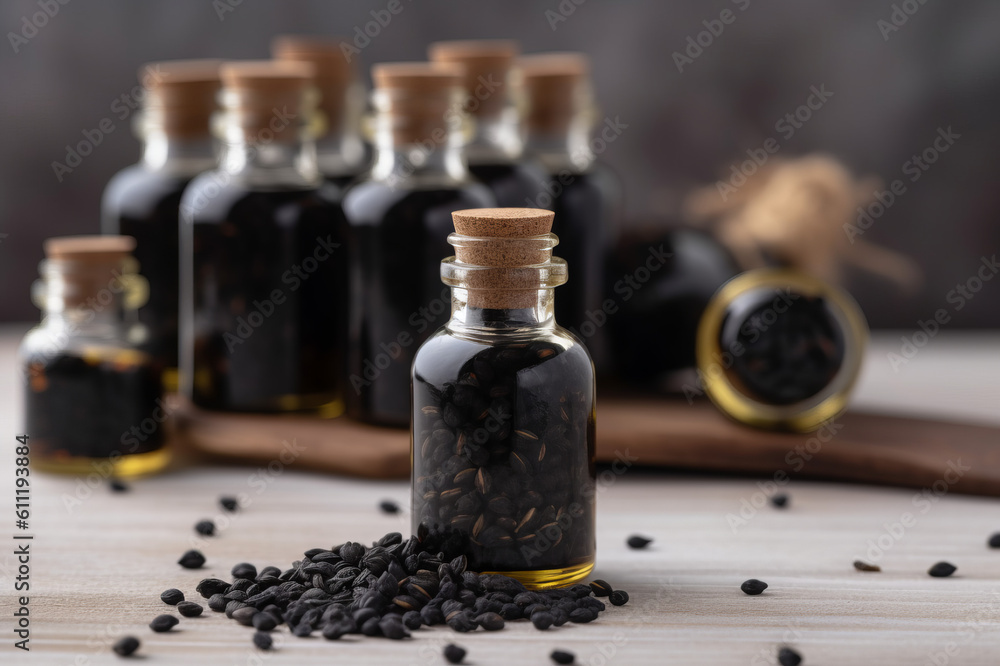 Black seed essential oil and black cumin seeds on the wooden table. Created with generative AI tools Black seed essential oil and black cumin seeds on the wooden table. Created with generative AI tools