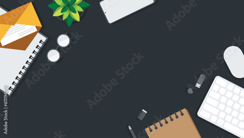 Cover and banner of working desk with gadget. Top view of table working and free space for text with computer, laptop, notebook, coffee cup, phone and paper.
