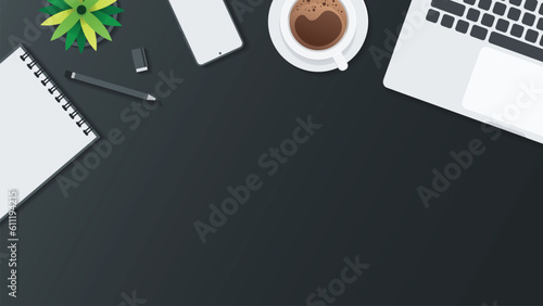 Cover and banner of working desk with gadget. Top view of table working and free space for text with computer, laptop, notebook, coffee cup, phone and paper.