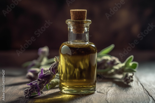 Clary sage essential oil and fresh flowers on the wooden table. Created with generative AI tools