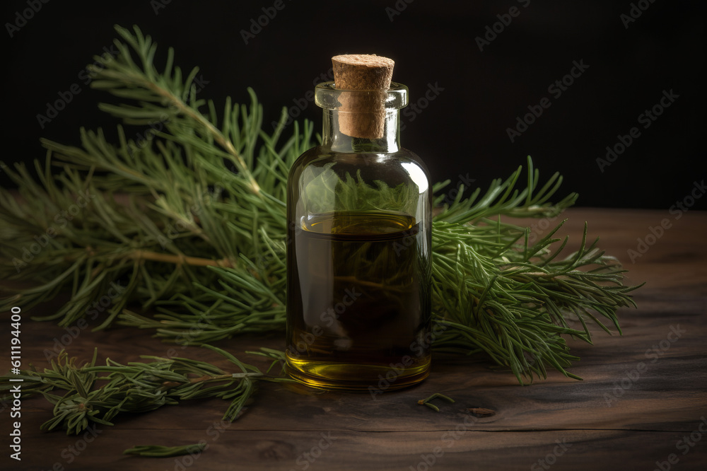 Cypress extract essential oil on the wooden table. Created with generative AI tools Cypress extract essential oil on the wooden table. Created with generative AI tools