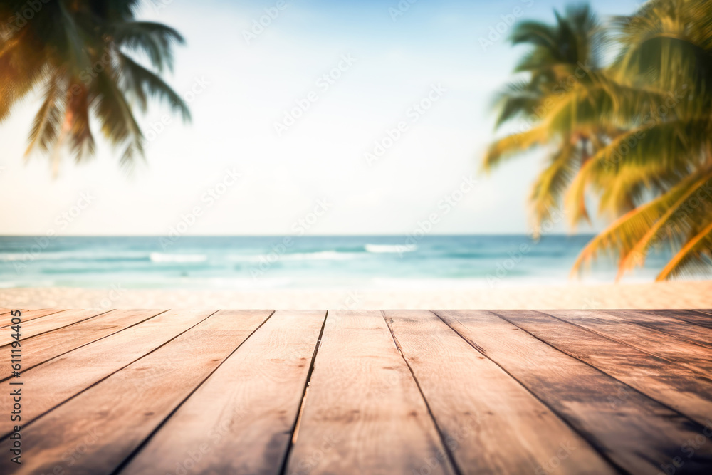 Top of wood table with seascape, blur calm sea and sky at tropical beach background. Empty table ready for your product display montage.