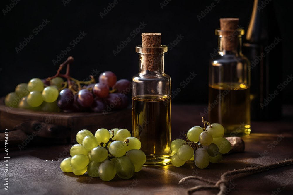 Grape essential oil and fresh Grapes on the wooden table. Created with generative AI tools Grape essential oil and fresh Grapes on the wooden table. Created with generative AI tools