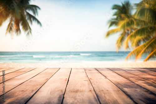 Top of wood table with seascape  blur calm sea and sky at tropical beach background. Empty table ready for your product display montage.