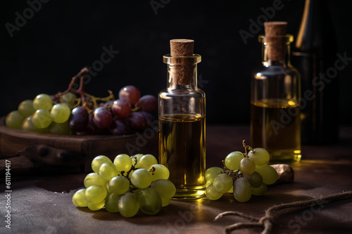Grape essential oil and fresh Grapes on the wooden table. Created with generative AI tools
