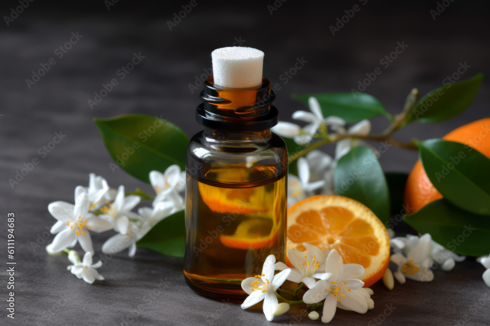 Italian neroli essential oil and fresh oranges with blooming flowers on the wooden table. Created with generative AI tools Italian neroli essential oil and fresh oranges with blooming flowers on the wooden table. Created with generative AI tools