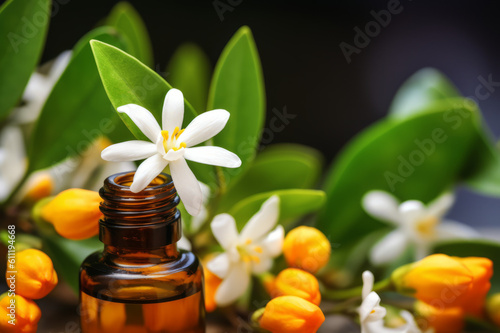 Italian neroli essential oil and fresh oranges with blooming flowers on the wooden table. Created with generative AI tools photo